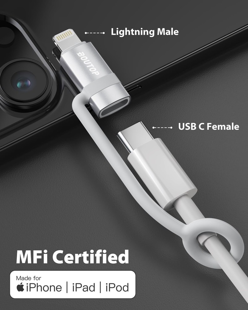 BOUTOP [MFi Certified] USB C to Lightning Adapter, Type C 1 Pack, Silver