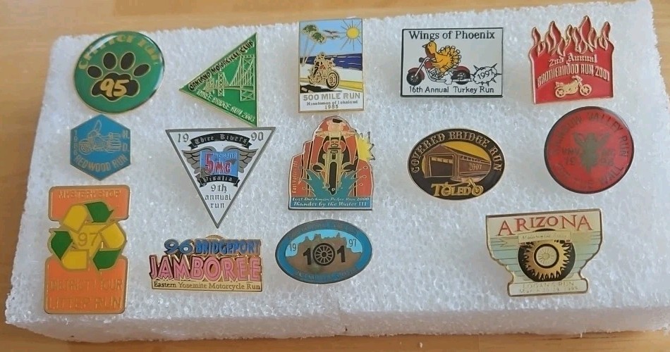Lot of 14 Vintage Motorcycle Run Pins From Various Locations New And Used