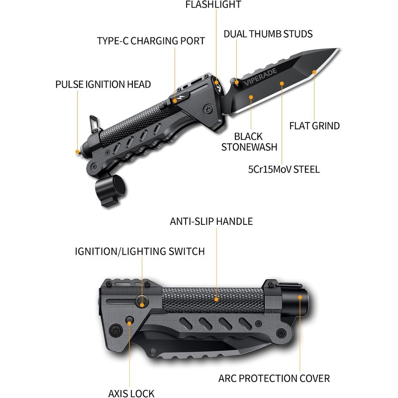 VAK6 Survival Multitool Folding Knife LED Flashlight Pulse Ignition Hand Crank
