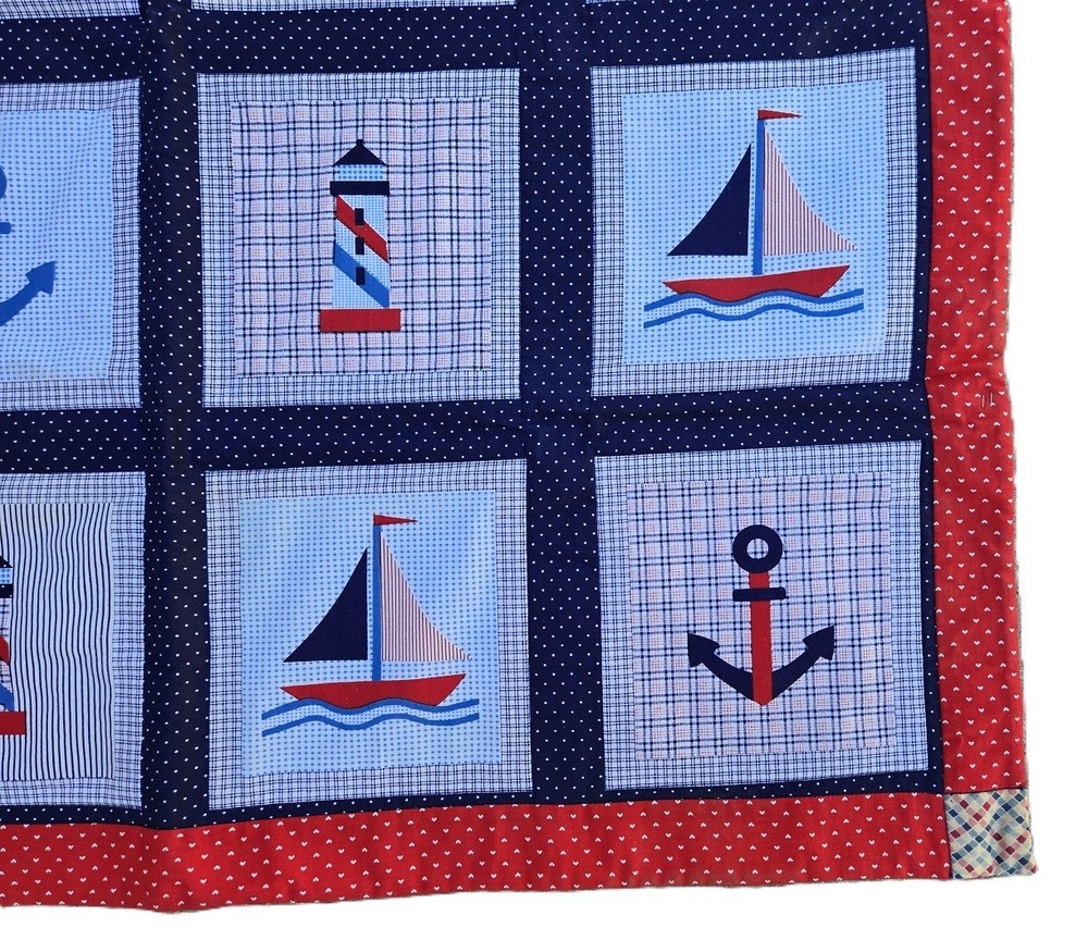 Nautical patchwork quilt Anchor sailboat lighthouse print 36" x 37"
