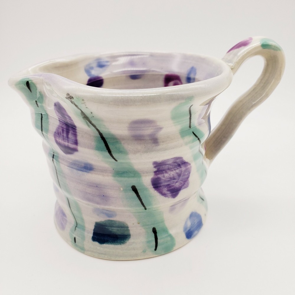 Studio Art Pottery Creamer Small Pitcher Purple Signed Abstract Eclectic Boho