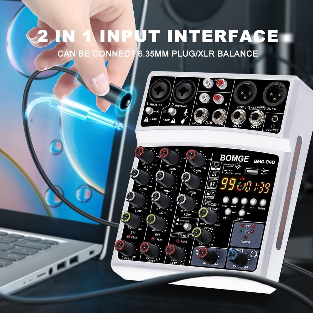 BOMGE 4 Channel dj Bluetooth Audio Mini Mixer with 99DSP Processor, USB Inter...