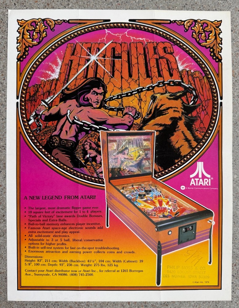 Hercules Original Pinball Arcade Flyer | 1979 Atari | Fair Condition
