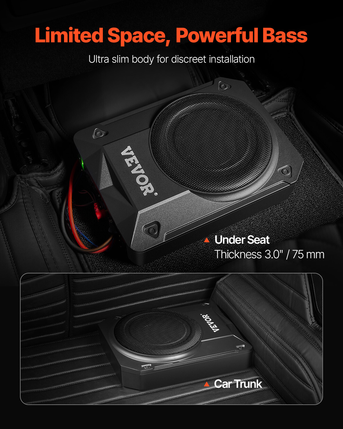 VEVOR 8" 800W Slim Under Seat Car Subwoofer Car/Truck Sub Amp Kit Deep Bass