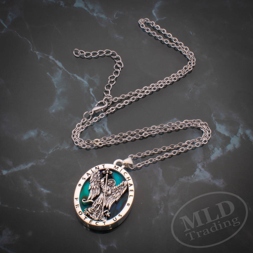 Saint St Michael Pendant Necklace, Religious Protector Medal, Alloy, 18" Chain