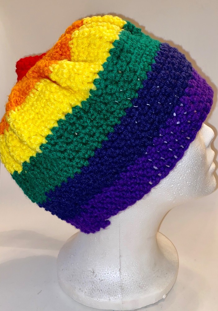 Rainbow Hand Knitted Crocheted Hat Cap Unisex Multi Colored