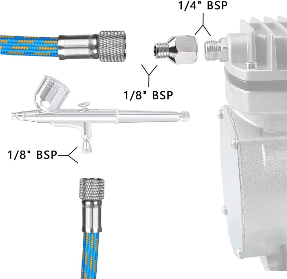 HUBEST 6Ft Braided Airbrush Air Hose with 1/8 Inch to 1/4 Inch Adapter - Nylon B