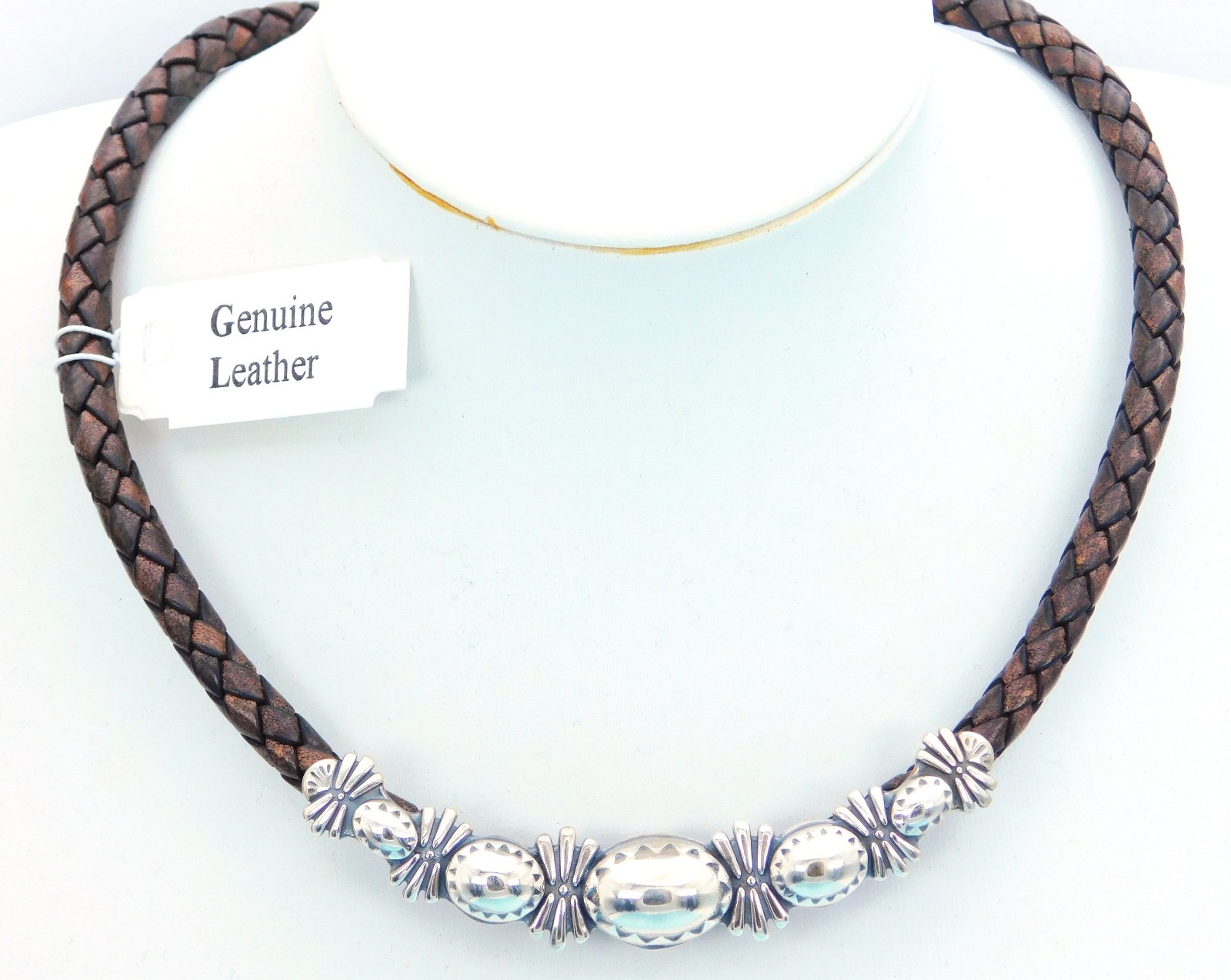 RARE! Carolyn Pollack American West Sterling Brown Leather Plaque Necklace 21"