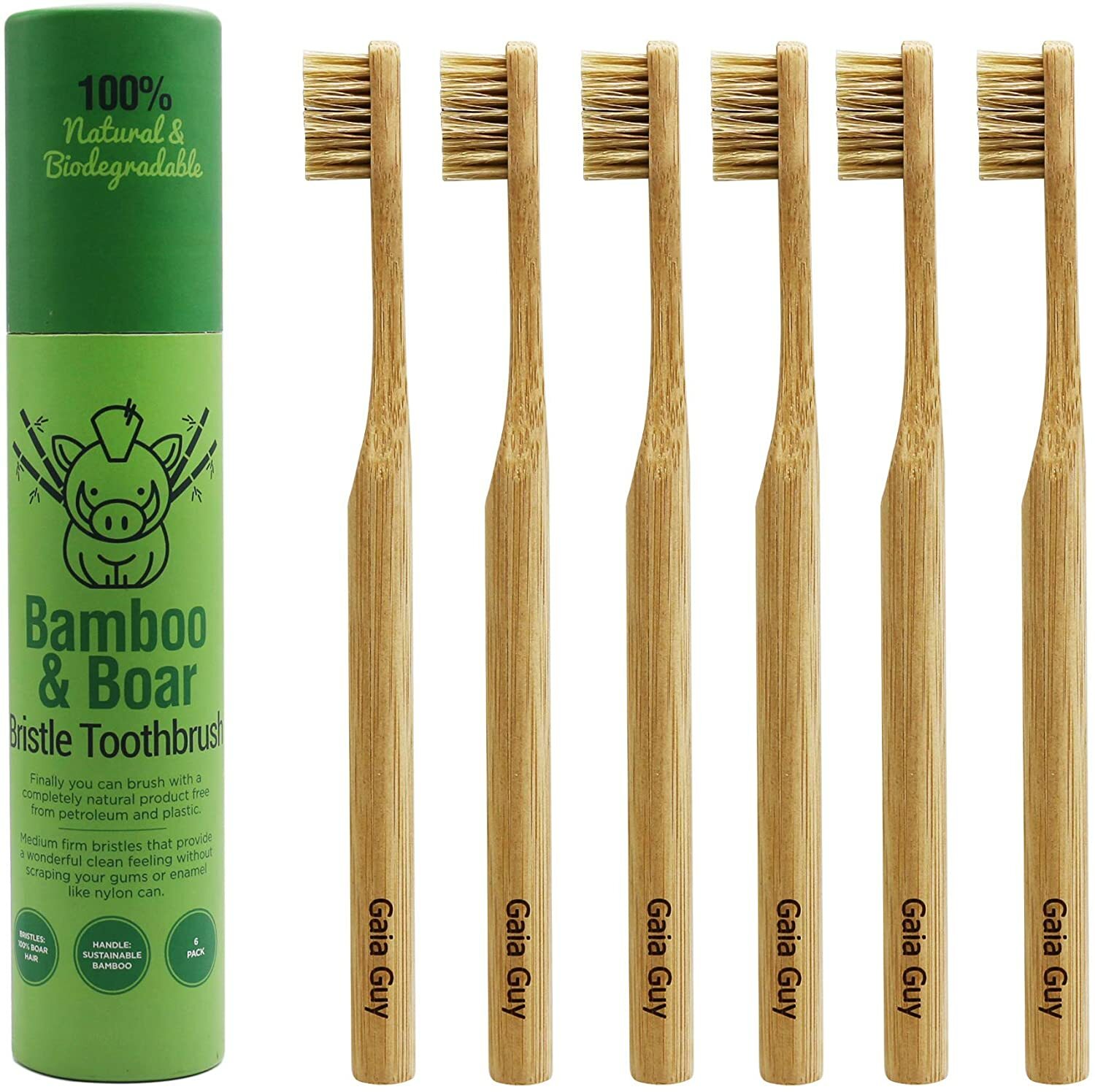 Gaia Guy - Natural Bristle Bamboo Toothbrush - Totally Biodegradable - 6-Pack