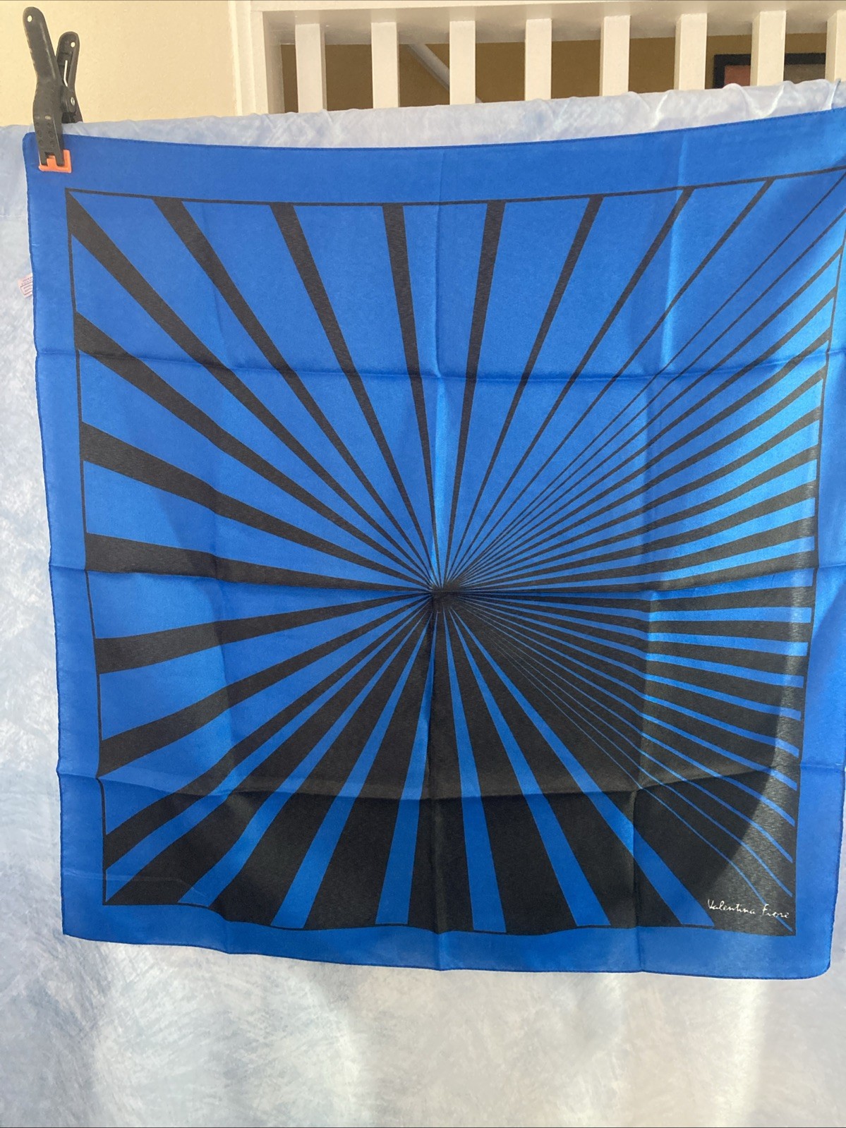 Vintage 1970s Valentina Fiore Women’s Scarf Black & Blue Geometric Design Square