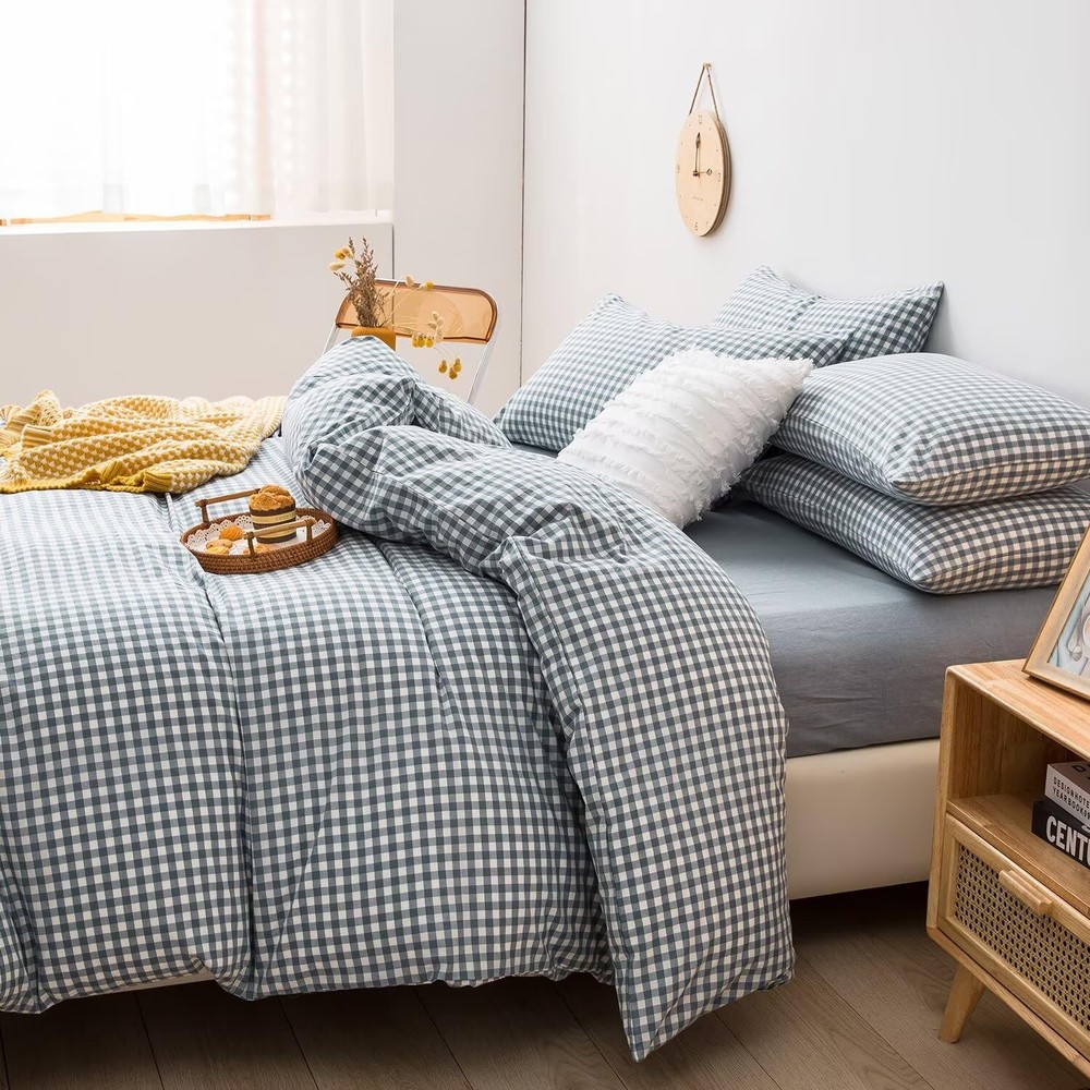 Blue Gingham Comforter Set Full, Plaid Comforter Set 3 Pieces 1 Blue Grid Com...