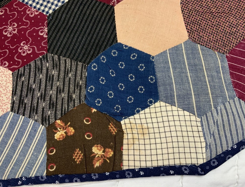 Antique Patchwork Quilt Table Topper, Octagons, Early Calico Prints, Navy, Multi