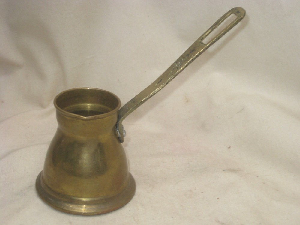 vintage brass Middle Eastern small handled pitcher cauldron pot jug container