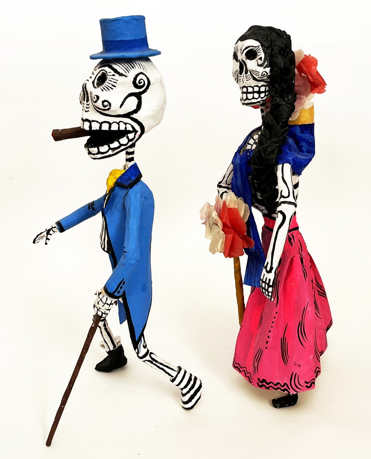 2 1970s SIGNED LINARES MEXICAN CARTONERIA PAPER MACHE SKELETON CATRINA SCULPTURE