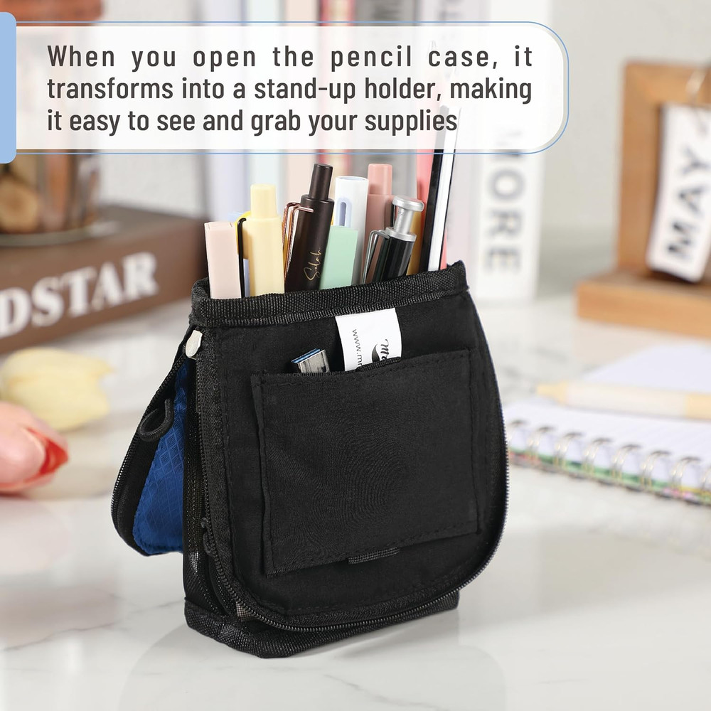 - Standing Pencil Case Pouch, Sit & Lay Mesh-View Design, Black & Blue, Inter...
