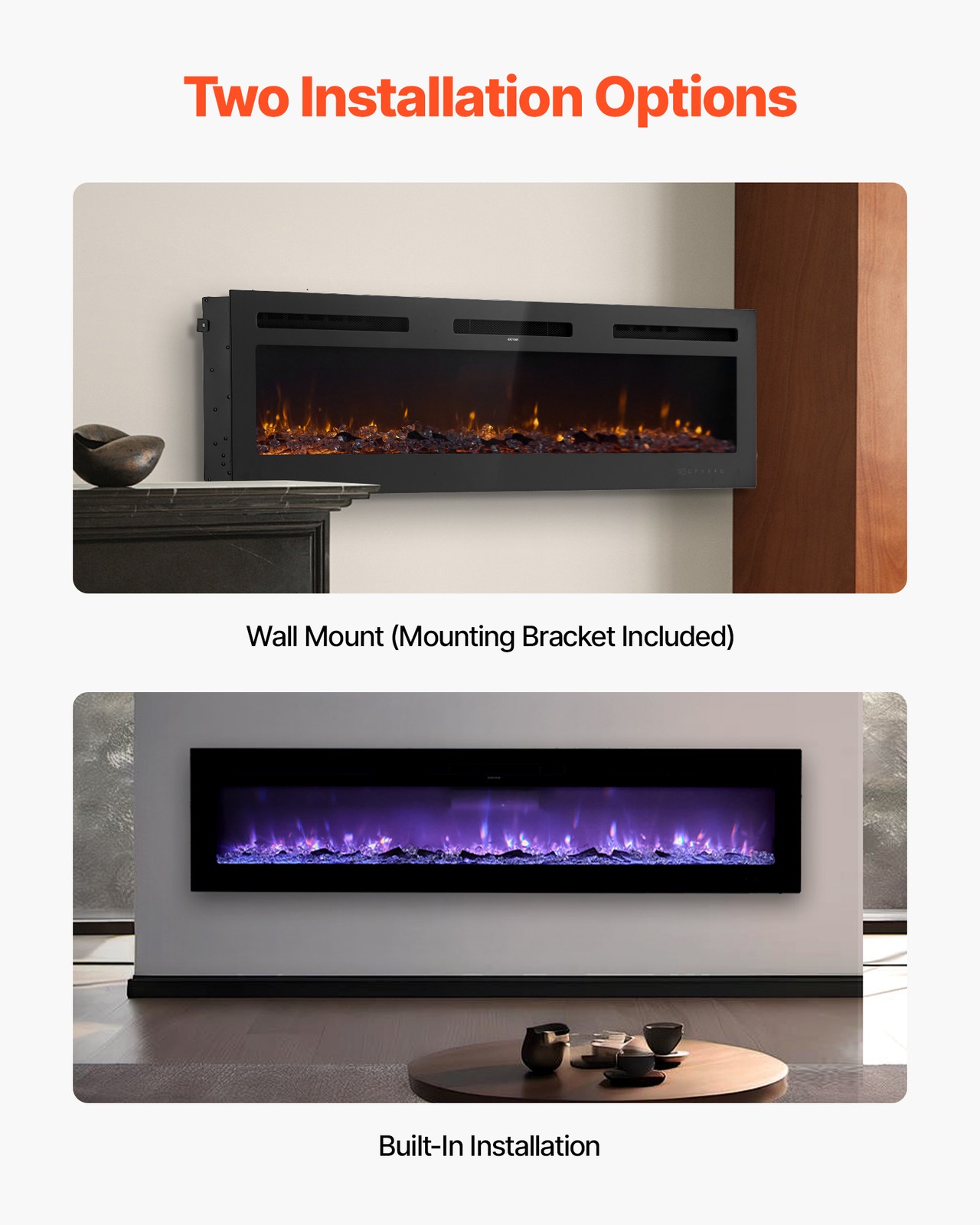 VEVOR 72 inch Electric Fireplace Wall Mounted Recessed with Remote Control 1500W