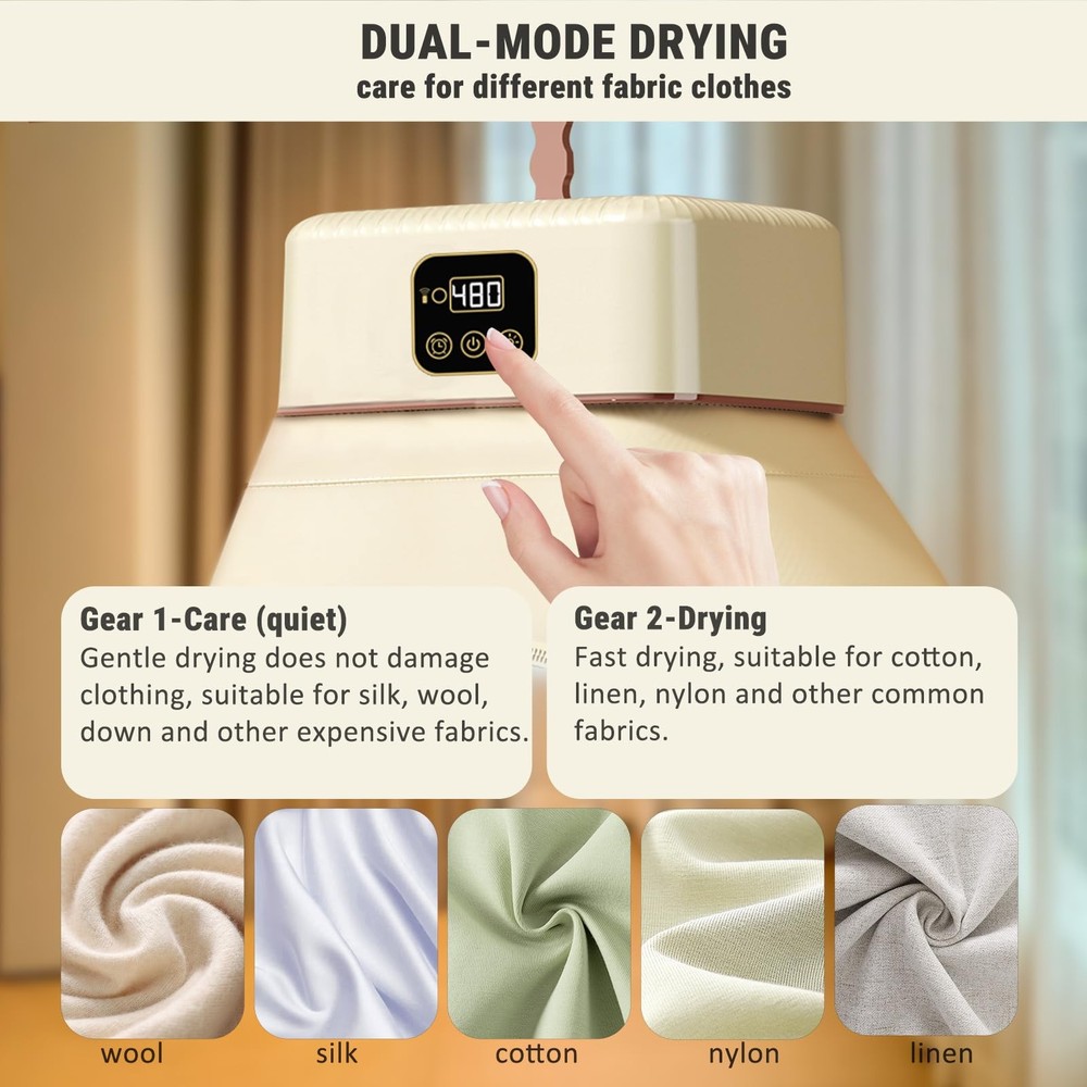 Portable Clothes Dryer, 8H Timer, w/Remote Control & Dry Bag, Mini Compact Fo...