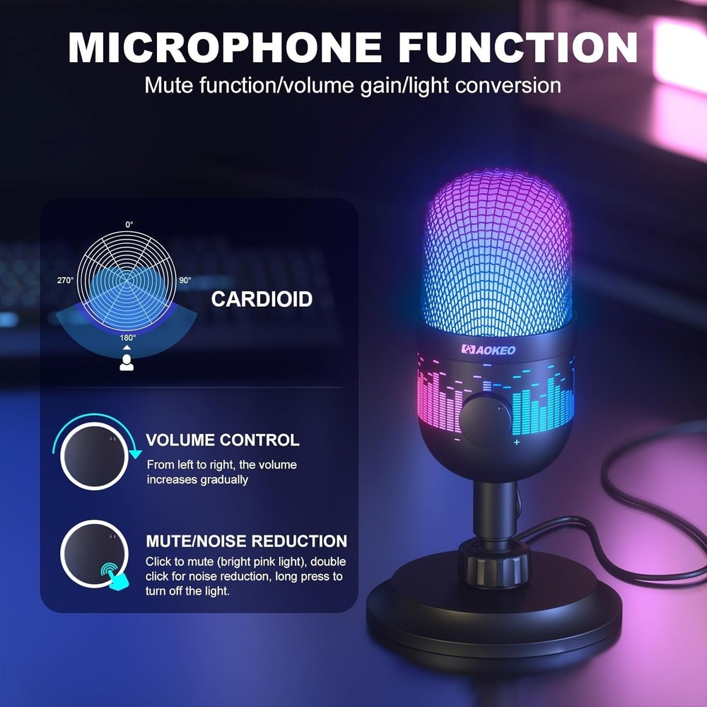 Multi-Device USB Condenser Microphone with Background Noise Reduction & RGB