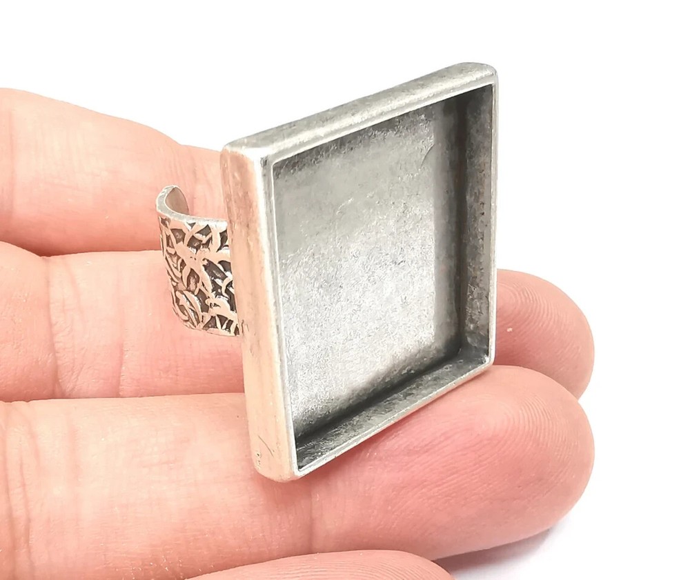 Square Antique Silver Ring Blank Settings, Cabochon Mounting Adjustable Resin