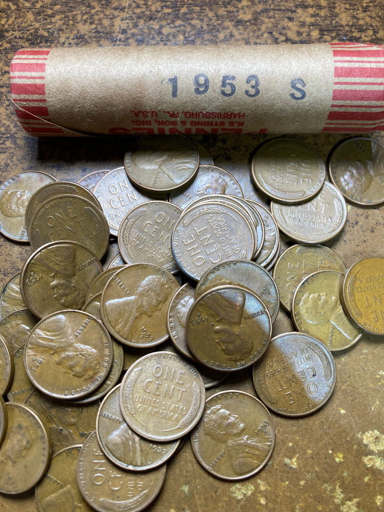 1953-S LINCOLN WHEAT CENT ROLL, nice condition