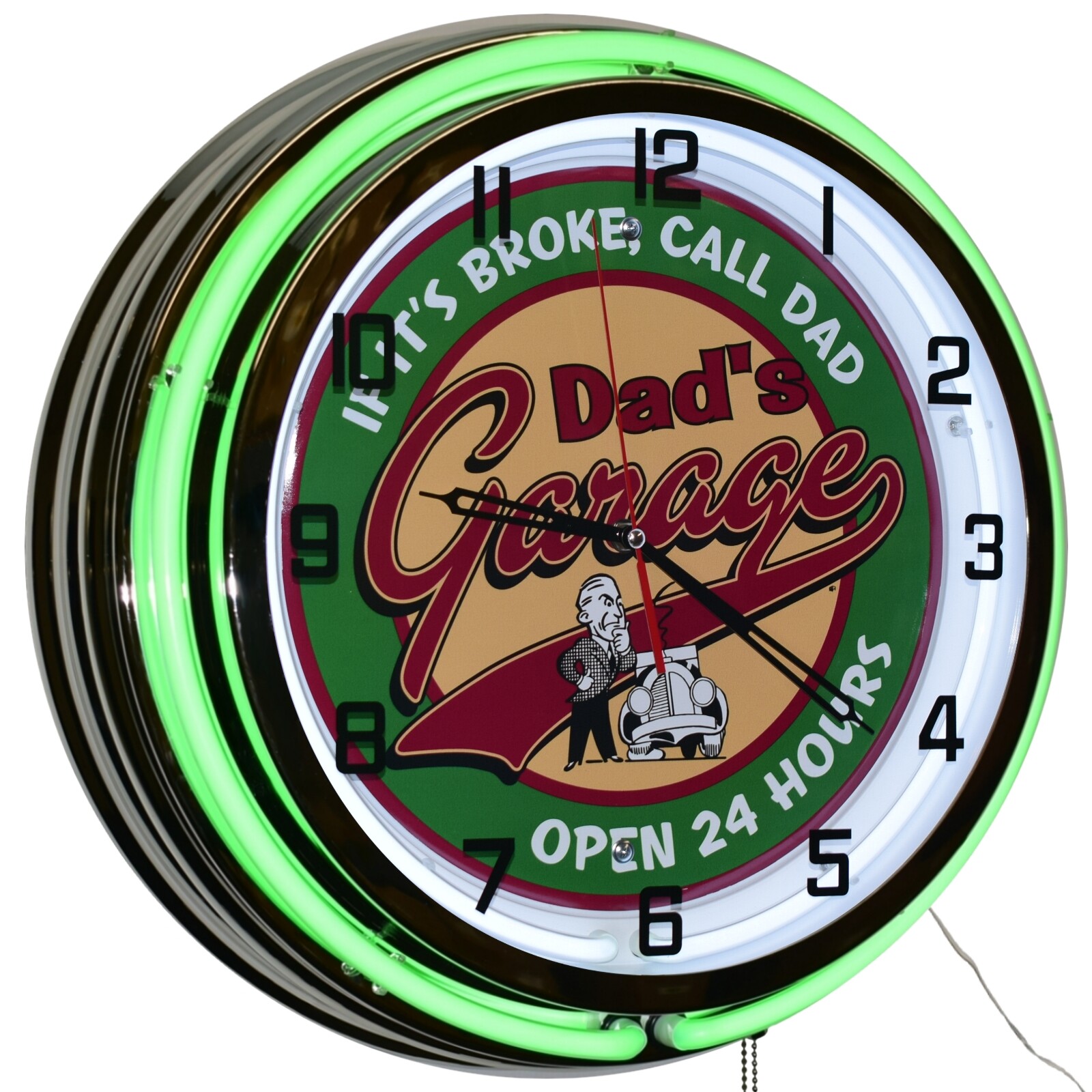 19" Dad's Garage Open 24 Hours! Double Neon Clock Man Cave Garage Decor (Green)