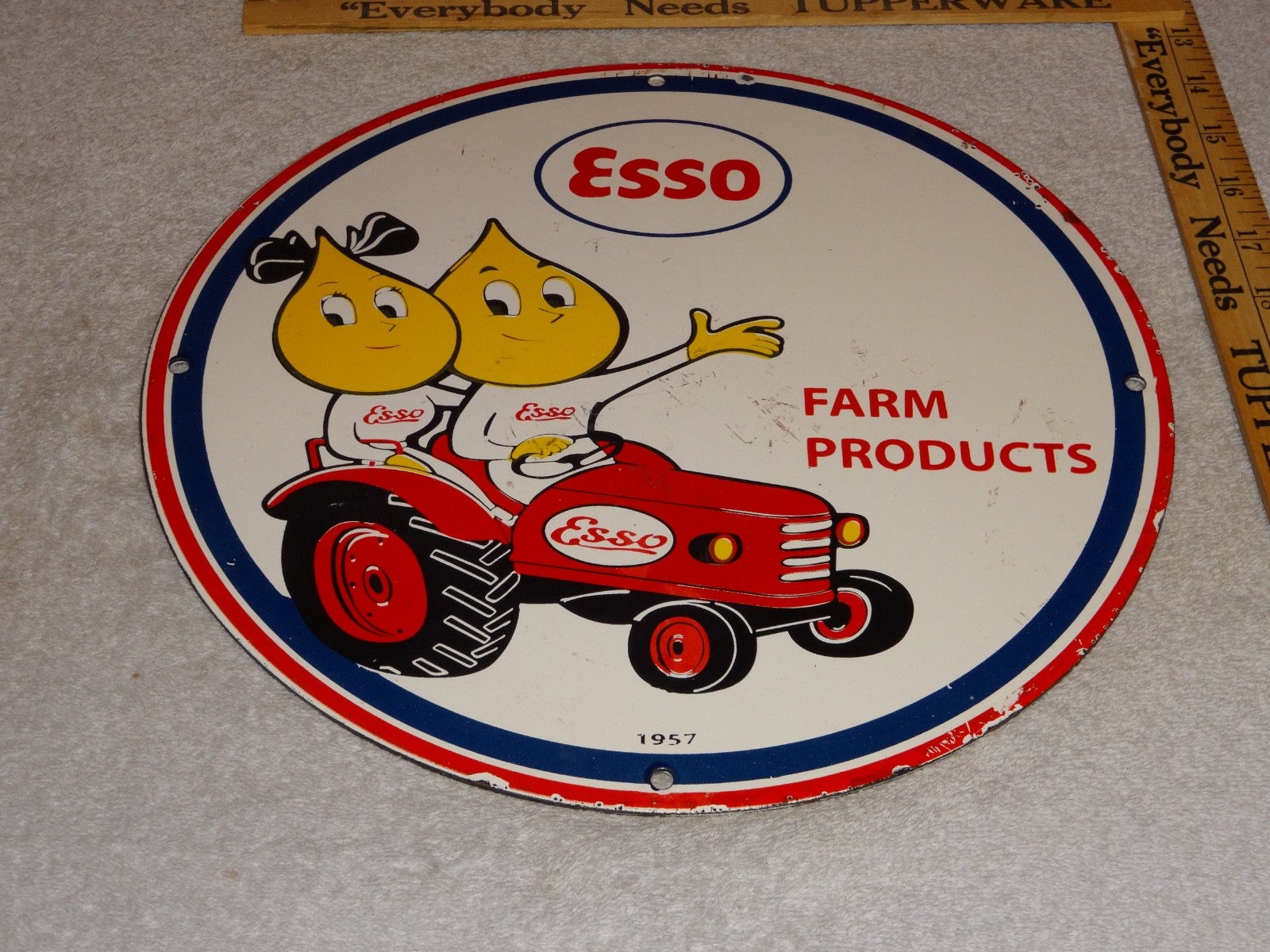 VINTAGE 1957 ESSO FARM OIL DROP BOY GIRL 11 3/4" PORCELAIN TRACTOR GASOLINE SIGN