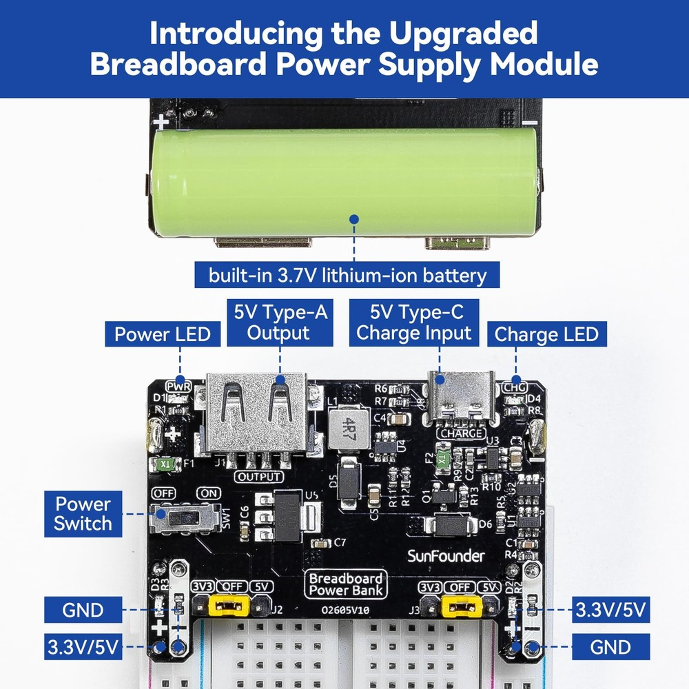 BreadVolt Breadboard Power Supply Module Built-in Rechargeble Battery Compati...