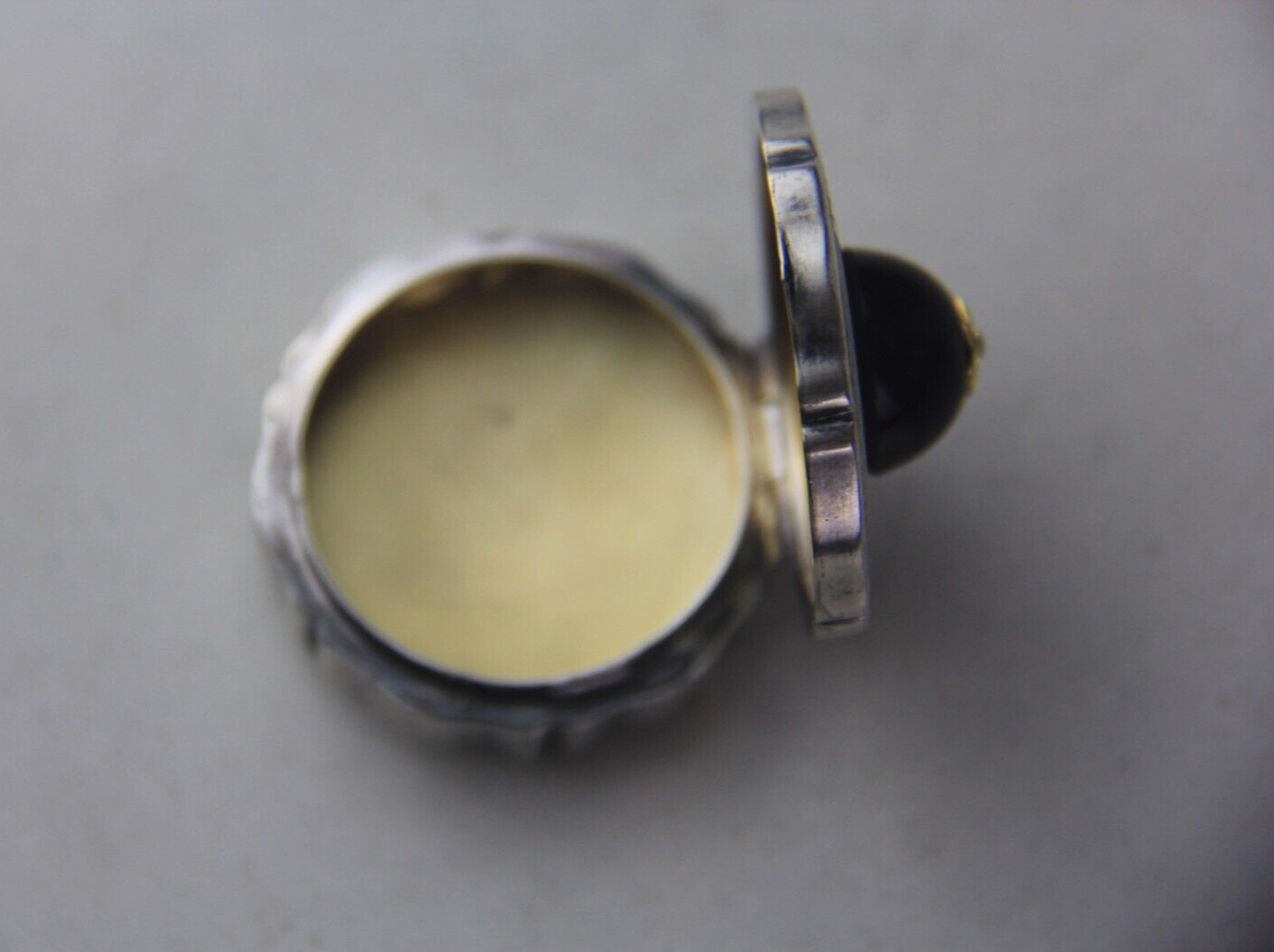 German 800 Silver Round Pill Box w/ Round Amethyst Cabochon & Seed Pearl on Lid