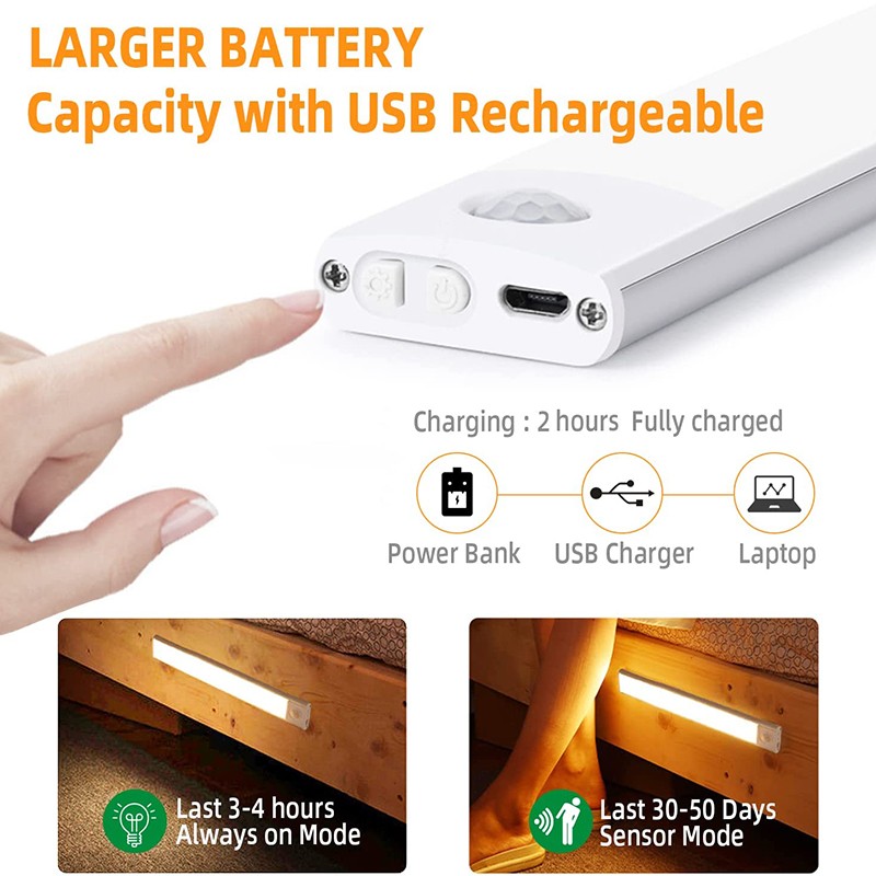20CM LED Motion Sensor Under Cabinet Closet Light USB Rechargeable Kitchen Lamp
