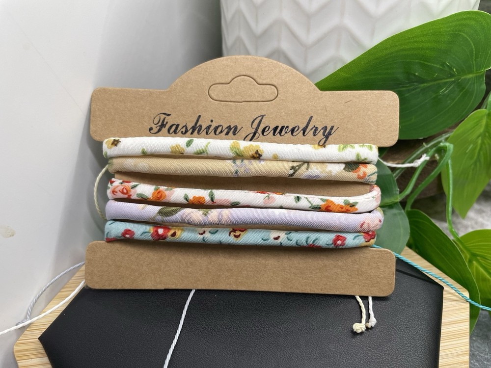 5 PC Fabric Covered Bracelet  Stackable Adjustable Tie Free Ship B5230