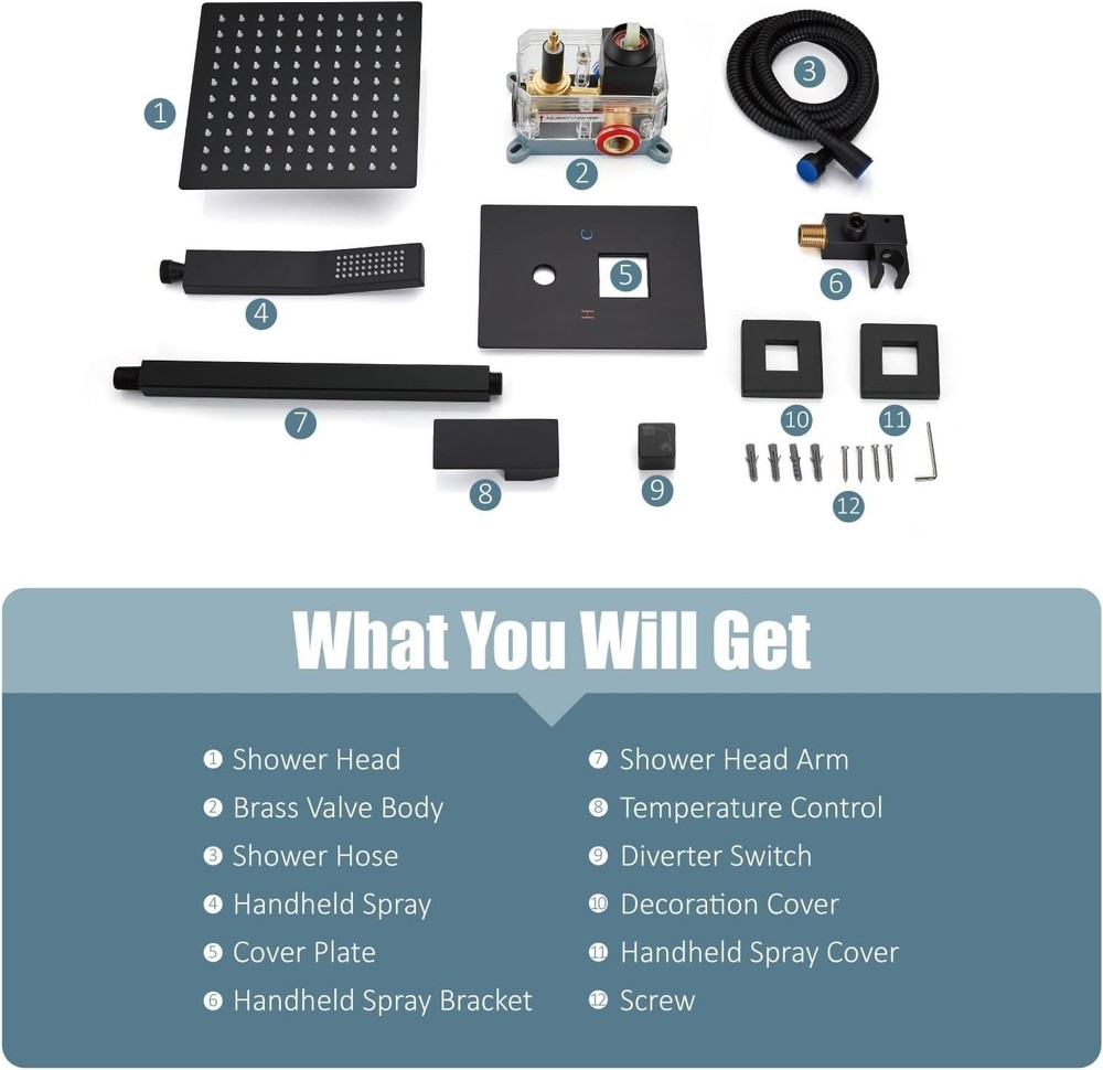 Black Shower System Ceiling Mount 12 inch Rainfall Shower Head with Mixer Valve