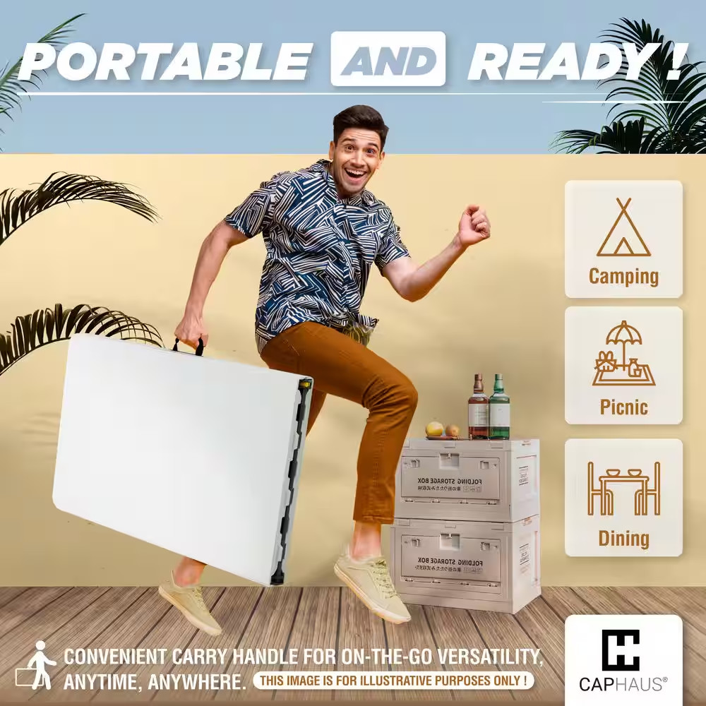 70.9 In. Gray Rectangle Steel Frame White Plastic Foldable Picnic Table