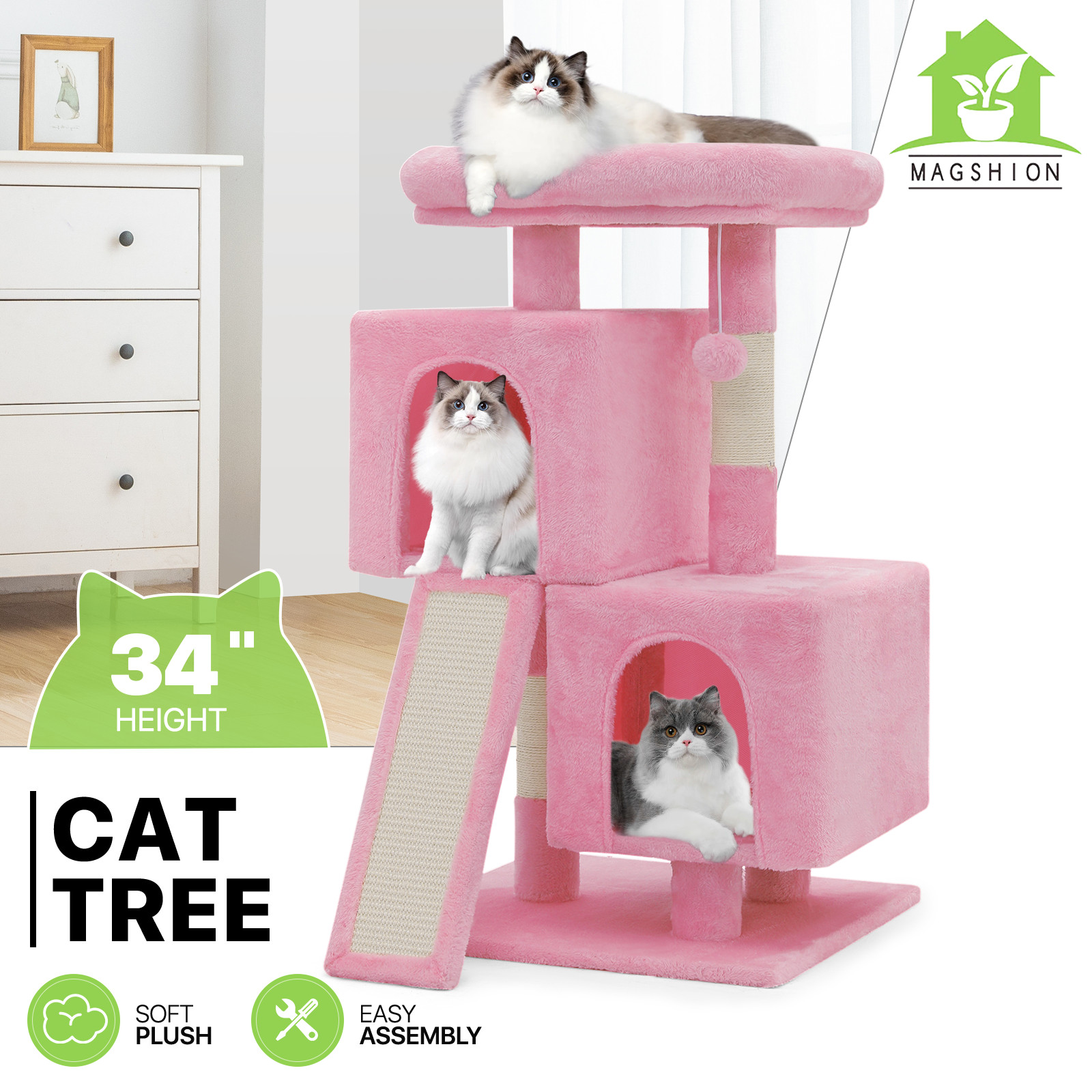34'' Pink Cat Tree Cat Tower Scratching Board Multi-level Small Scratching Post