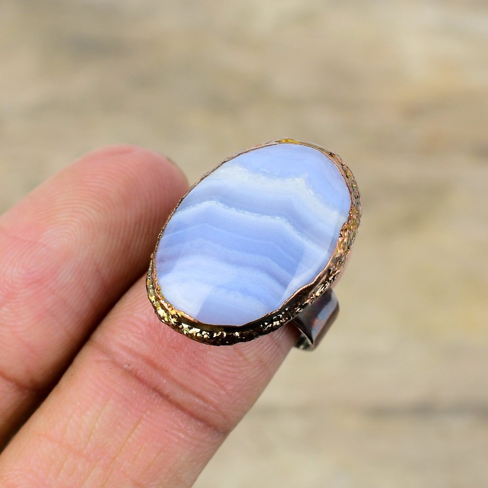Blue Lace Agate Copper Mum Gift Electroformed Adjustable Ring Size Adjustable
