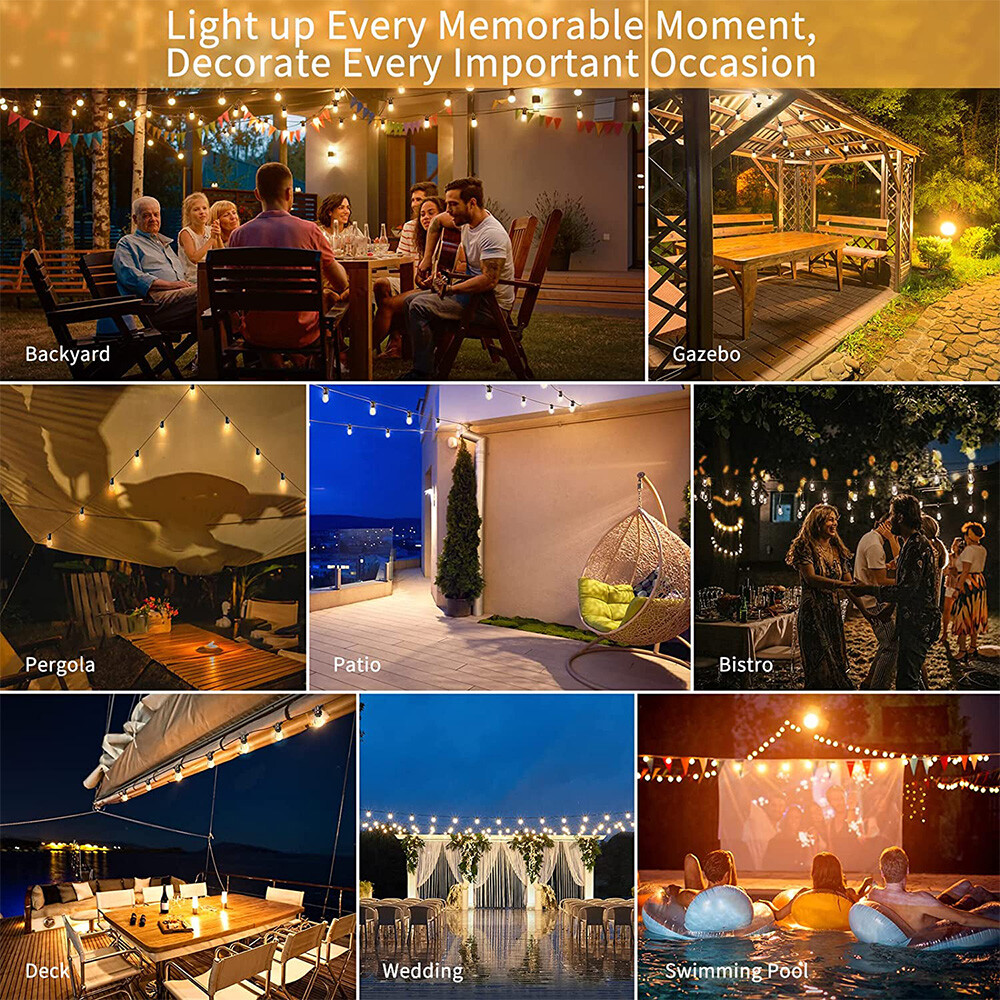 48FT Outdoor LED String Light IP65 S14 Edison Bulb Remote Dimmer Timer Garden US