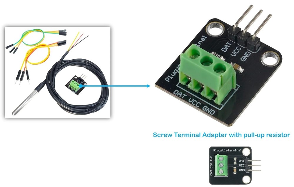 DS18B20 Temperature Sensor for Arduino, ESP32, ESP8266, With Adapter