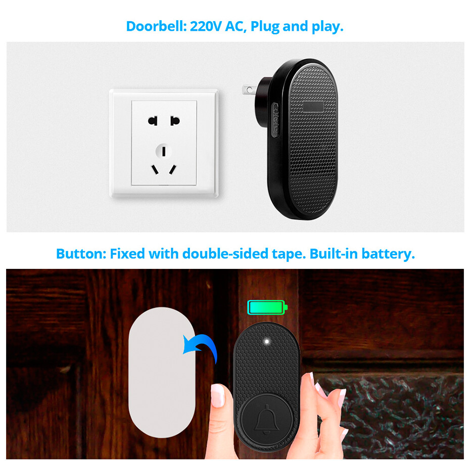 Wireless Doorbell Waterproof 2 Plugin Receiver Adjustable Volume 33 Chime 1000FT