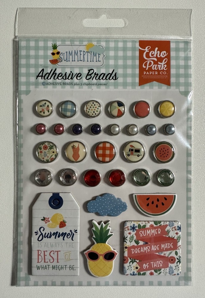 Echo Park Summertime Adhesive Brads Plus 5 Chipboard Pieces