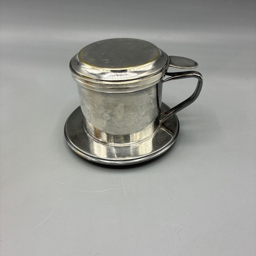 Silver Plate Tea Strainer Press Cup Handle Lid 3pc Marked