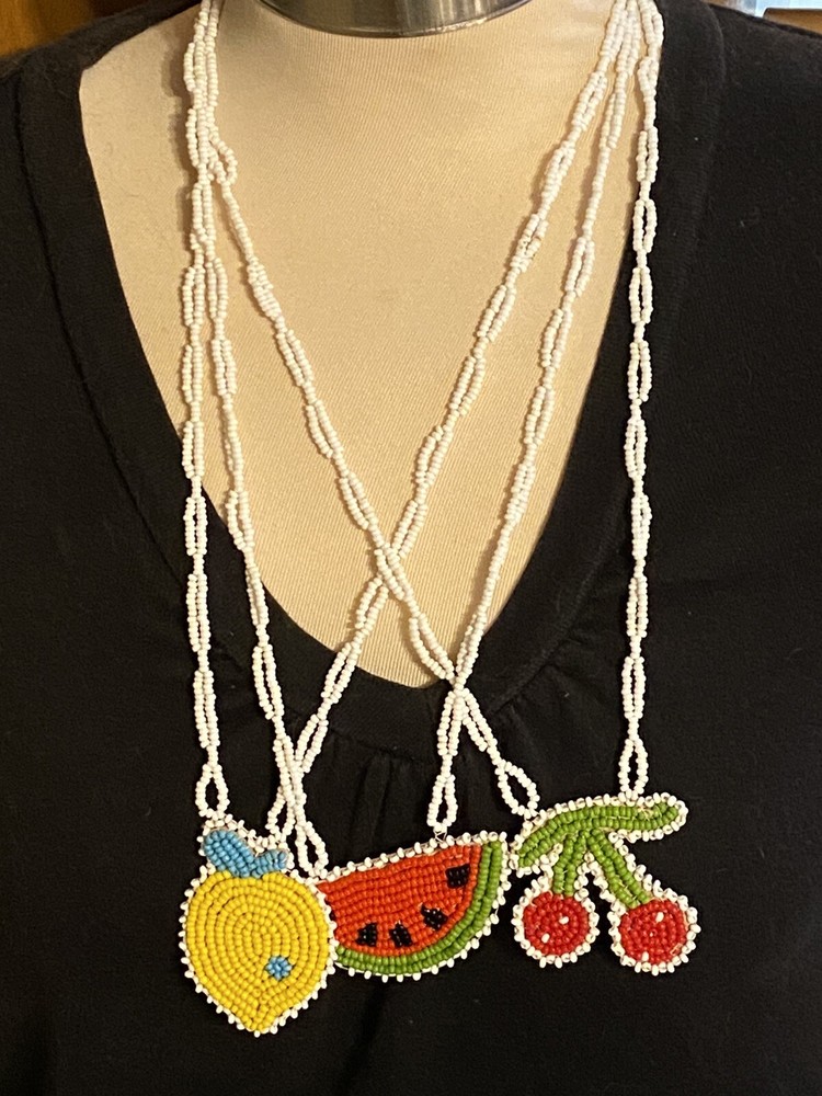Three seed bead on leather fruit image necklaces