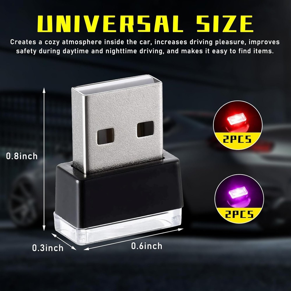 USB LED Car Interior Atmosphere Lamp 2 Red 2 Purple