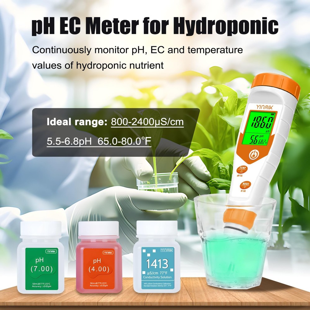 pH Meter for Hydroponics PPM EC Meter for Plant Nutrients Simultaneous Measur...
