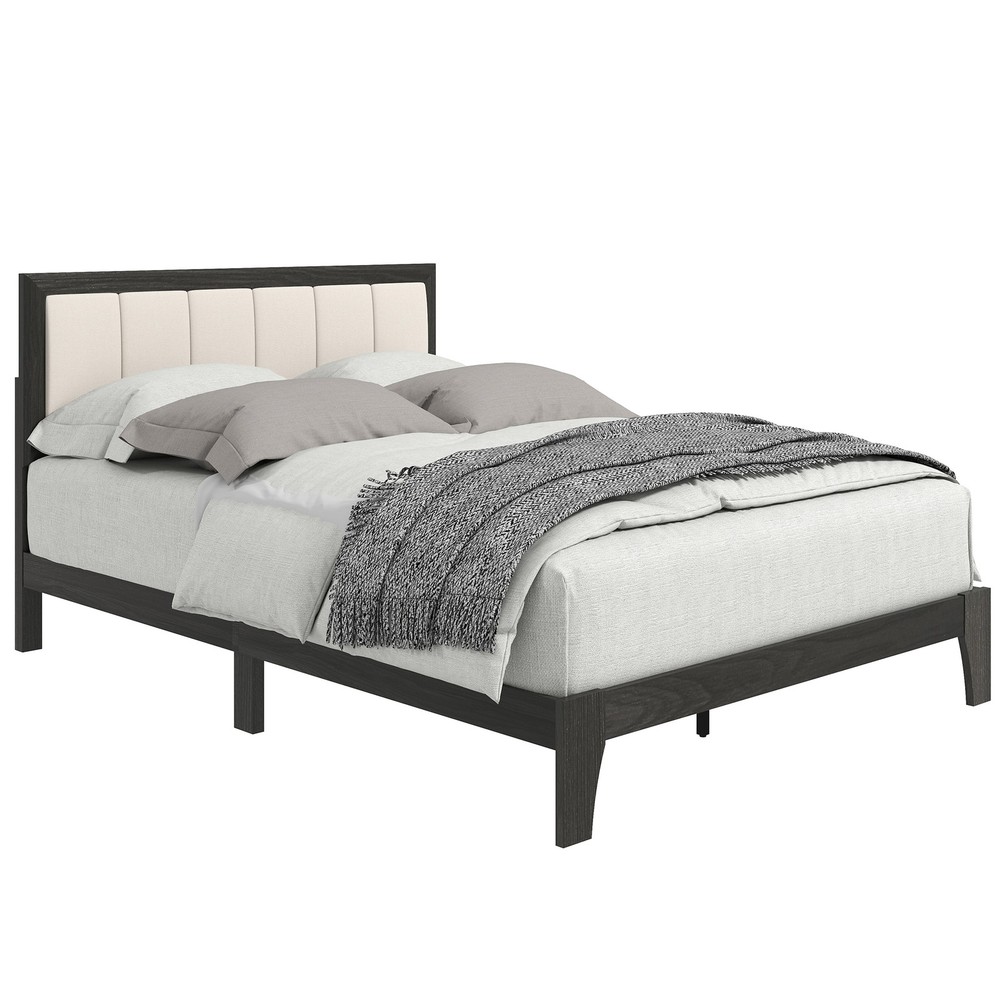 Full Size Bed Frame with Upholstered Headboard, Platform Bed Frame, Gray