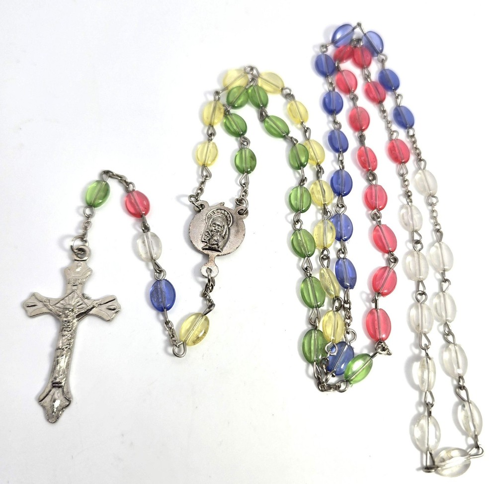 Rainbow oval plastic beaded vintage rosary crucifix