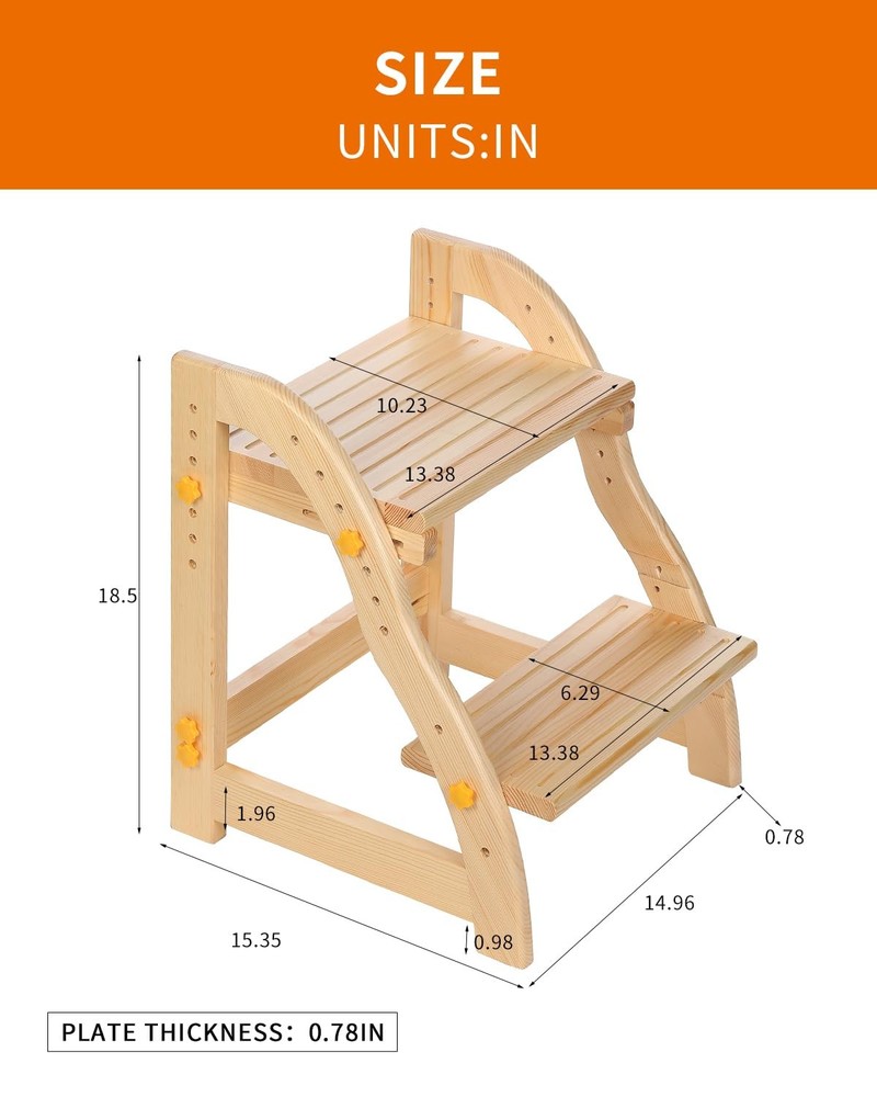 AIMOADO Wooden Two Step Stool for Kids - Adjustable Height, Pine Wood