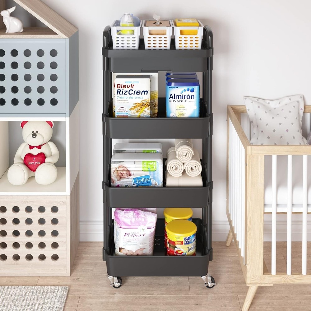 Adjustable 4-Tier Rolling Cart - Effortless Storage Solution with Chic Design