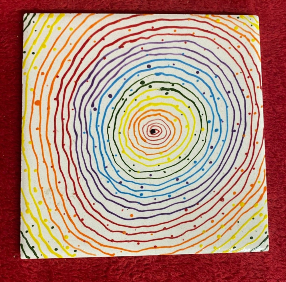 Handmade Ceramic Tile Trivet with Abstract Rainbow Line Dot Echo Design