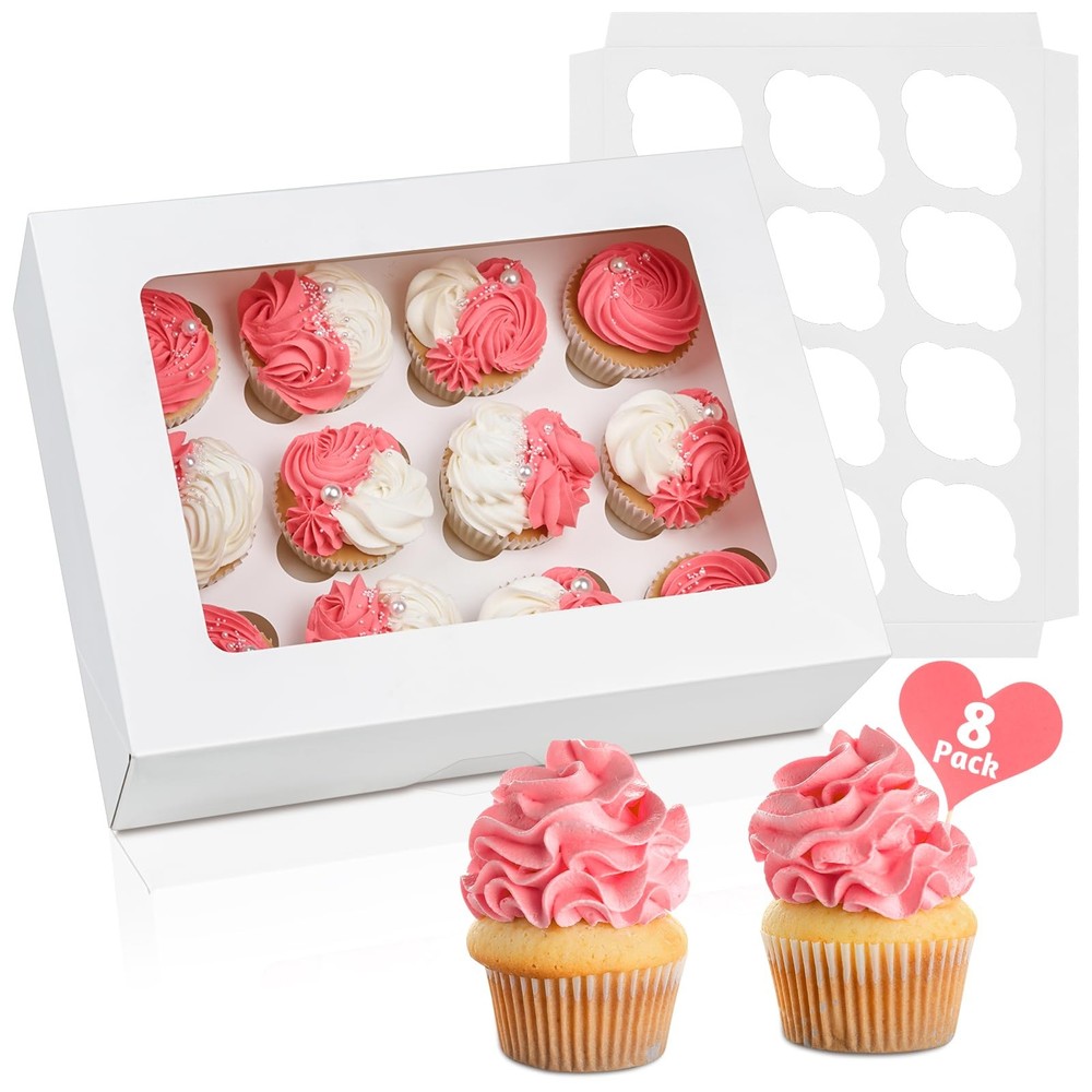 12 Count Cupcake Boxes 8 Pack Auto-Popup White Cupcake Containers with Window...