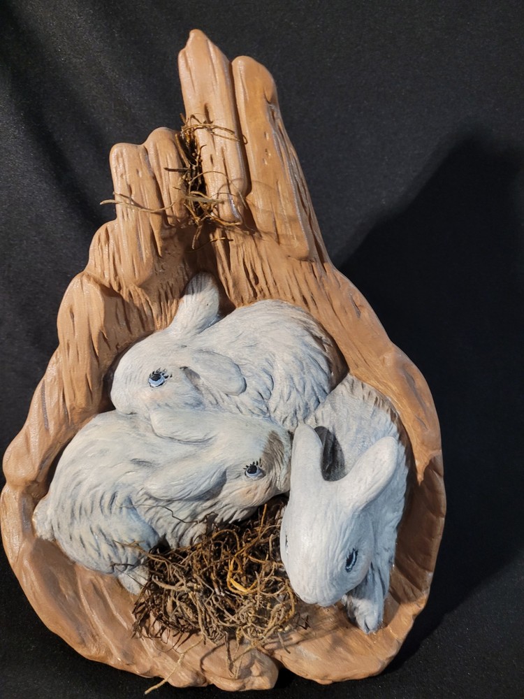 Decorative Ceramic Three Rabits Nestled Within a Tree Stump
