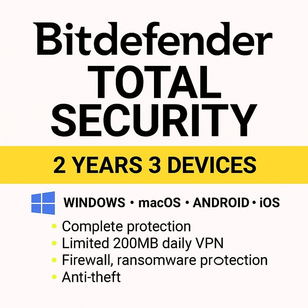 Bitdefender Total Security - 2 Years 3 Devices +  Daily VPN
